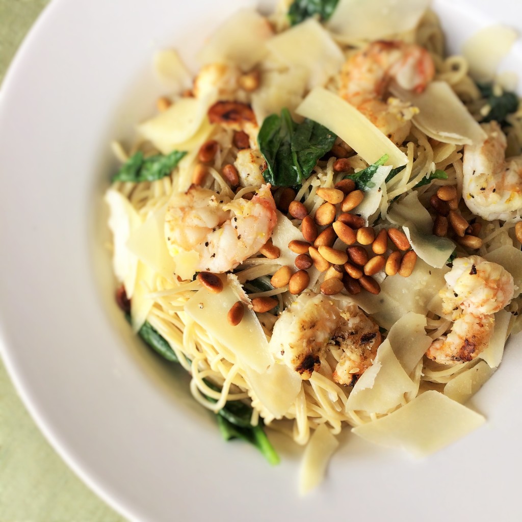 Angel Hair Pasta with Lemon Grilled Shrimp, Spinach and Pinenuts