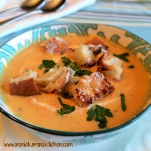 Roasted Root Vegetable Soup with Parmesan Croutons