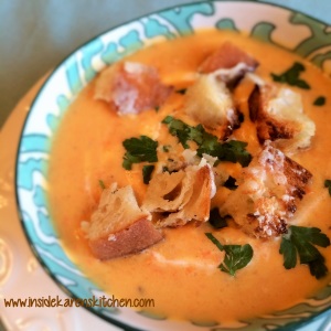 Roasted Root Vegetable Soup with Parmesan Croutons