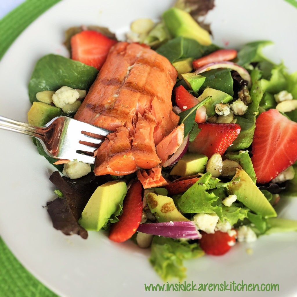 Strawberry Avocado Salad with Honey Glaze Grilled Salmon