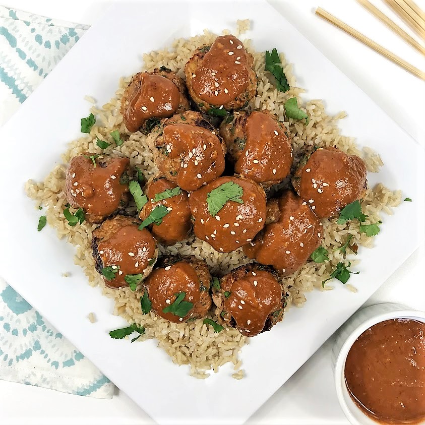 Curry Turkey Meatballs with Thai Peanut Sauce – Karen Mangum Nutrition